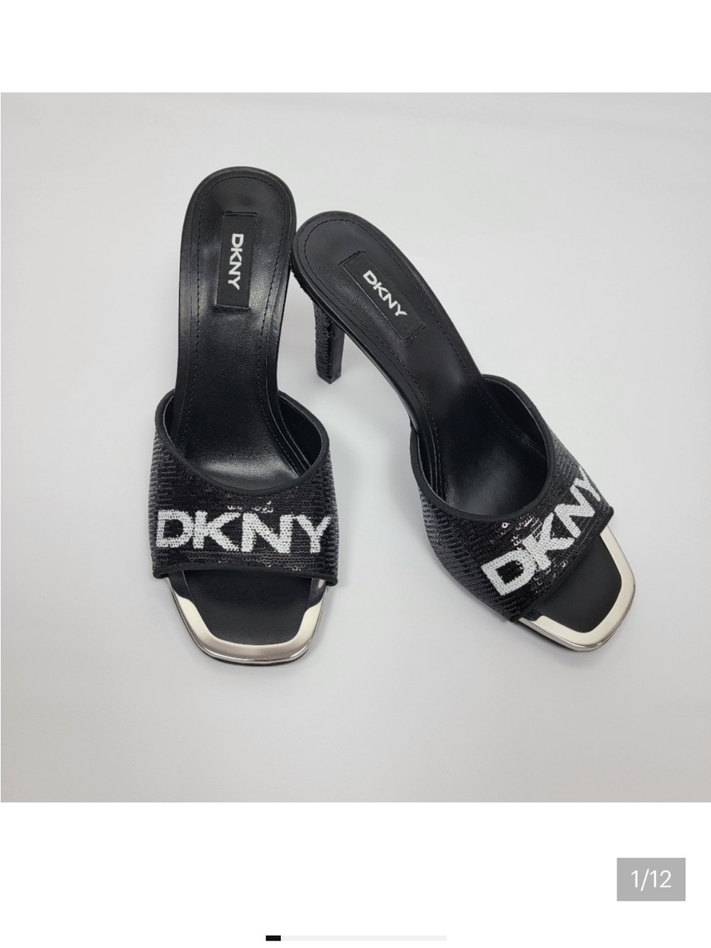 DKNY Black Logo Sequin Slide Heels